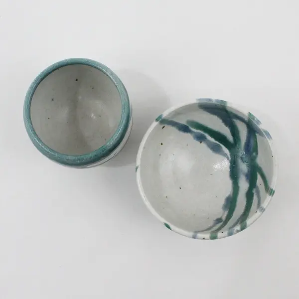 Whitefish Pottery Montana Blue Green Glazed Bowl & Cup Pair