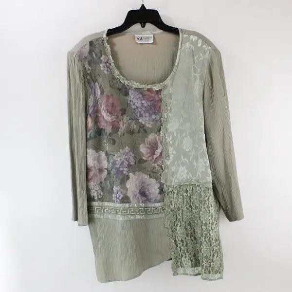 S.L. Fashions Women's 2X 2 Pc Green Purple Floral Top Skirt Outfit FLAWED