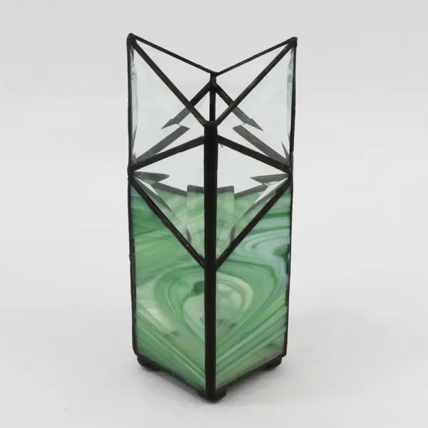 Green & Clear Stained Glass Geometric Diamond Vase Decor 8.5"