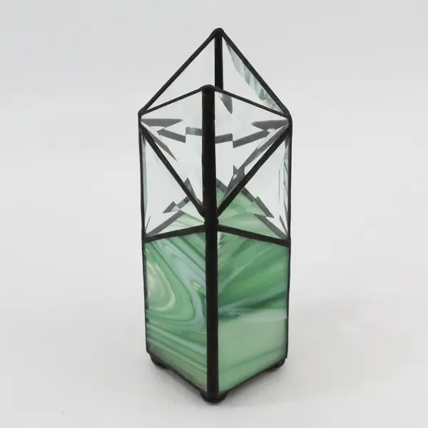 Green & Clear Stained Glass Geometric Diamond Vase Decor 8.5"