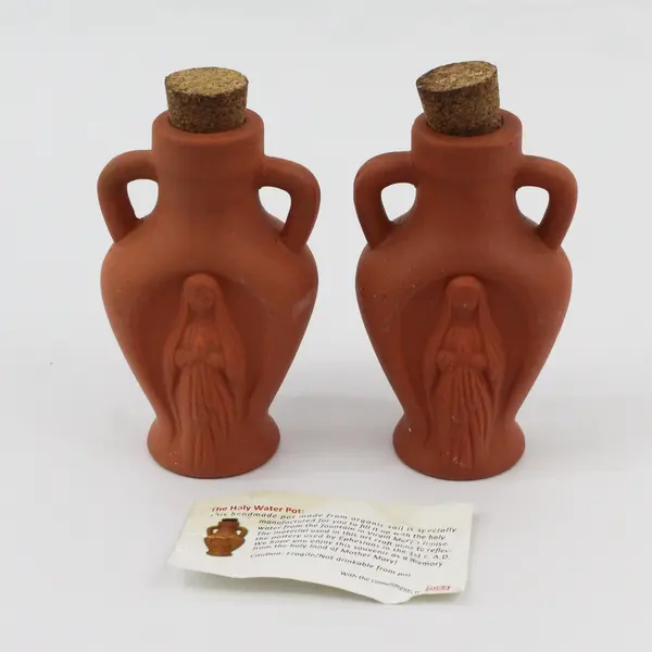 Pair of 2 Virgin Mary Terracotta Holy Water Bottles Ephesus Cork