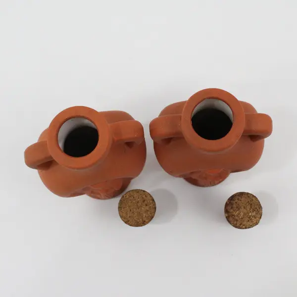 Pair of 2 Virgin Mary Terracotta Holy Water Bottles Ephesus Cork