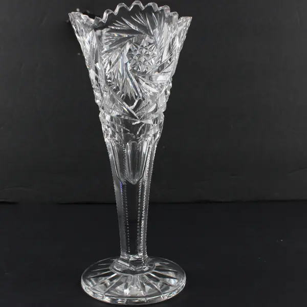 Vintage ABP Cut Crystal Pedestal Trumpet Vase 7.75in