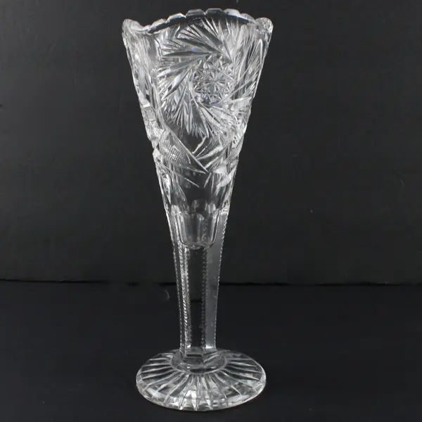 Vintage Cut Crystal Pedestal Trumpet Vase 9.75in Chipped Missing Rim