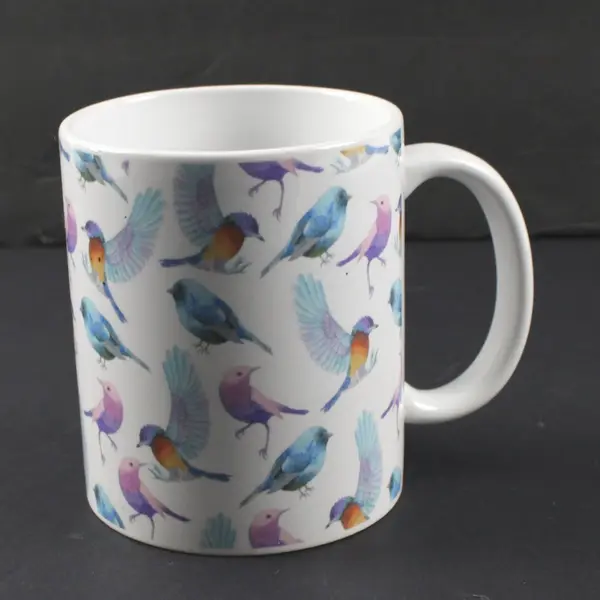 White Ceramic Bird Pattern Mug 3.75" Tall 3" Diameter