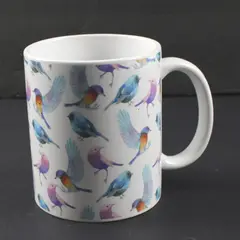 White Ceramic Bird Pattern Mug 3.75" Tall 3" Diameter