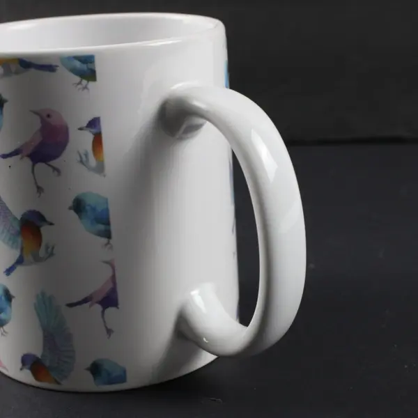 White Ceramic Bird Pattern Mug 3.75" Tall 3" Diameter