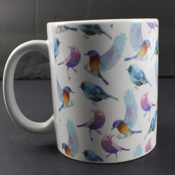 White Ceramic Bird Pattern Mug 3.75" Tall 3" Diameter