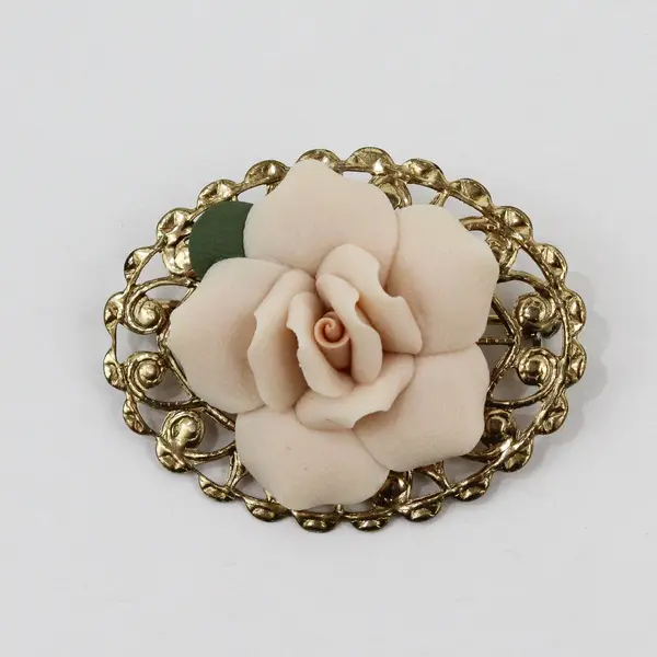 Porcelain Ivory Rose Flower Brooch Pin Gold Tone Filigree