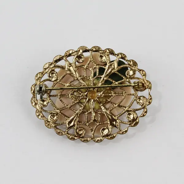 Porcelain Ivory Rose Flower Brooch Pin Gold Tone Filigree