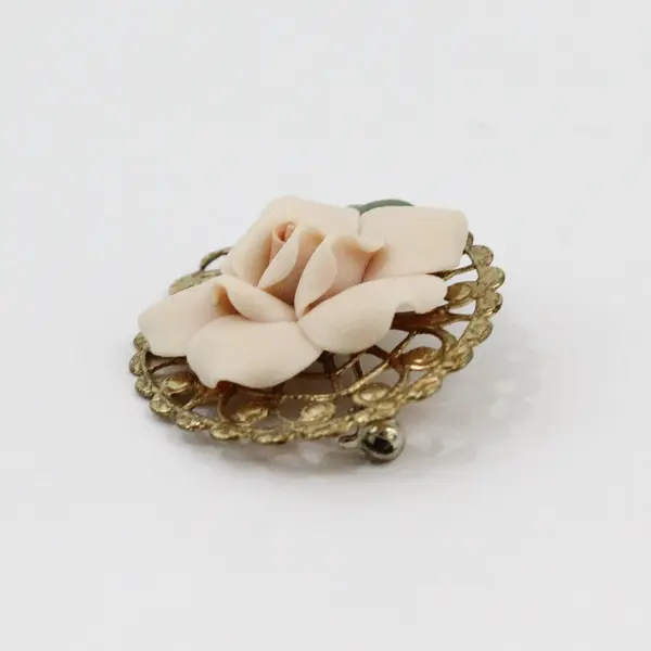 Porcelain Ivory Rose Flower Brooch Pin Gold Tone Filigree