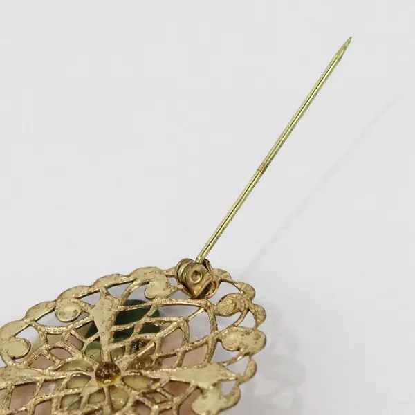 Porcelain Ivory Rose Flower Brooch Pin Gold Tone Filigree