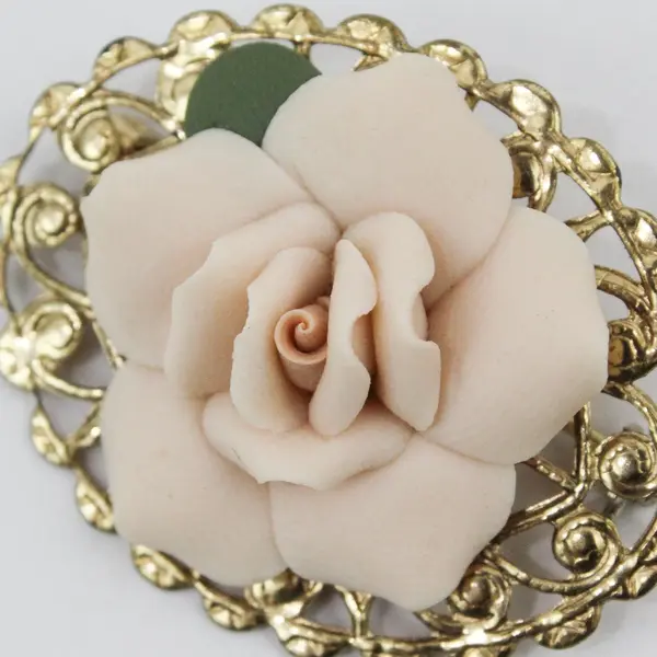 Porcelain Ivory Rose Flower Brooch Pin Gold Tone Filigree