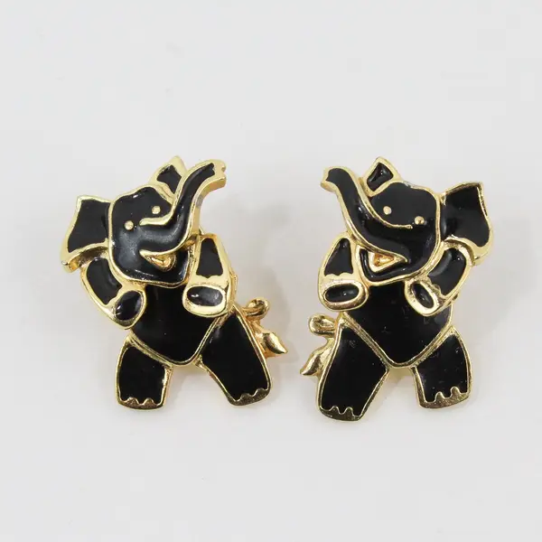 Borelli Matching Pair Elephant Brooch Pins Black Enamel Gold Tone