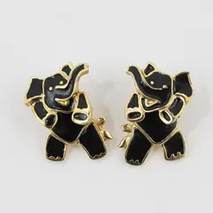 Borelli Matching Pair Elephant Brooch Pins Black Enamel Gold Tone