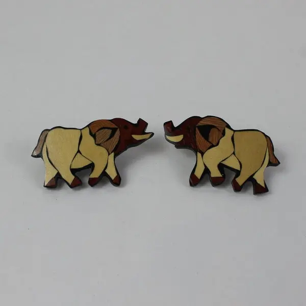 Pair Elephant Wooden Stud Earrings Intarsia Handmade Philippines