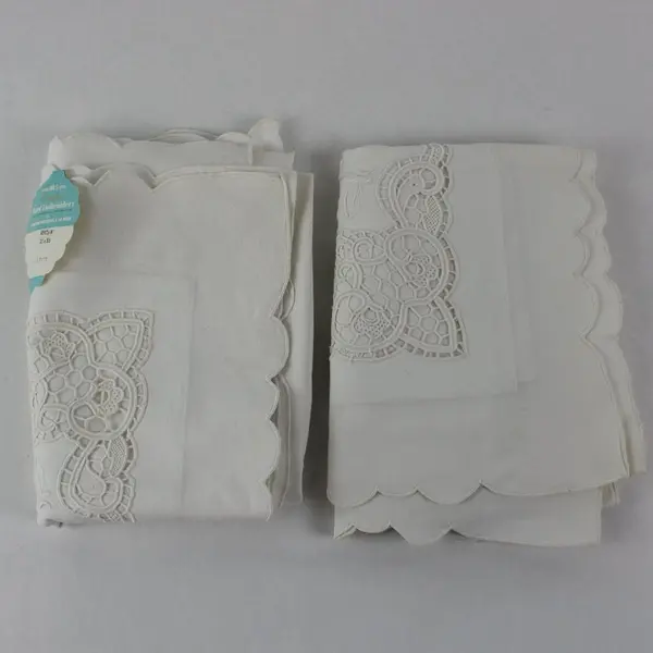 Shanghai 08428W Vintage Embroidered Cutwork Queen Pillowcases Set of 2 Flawed