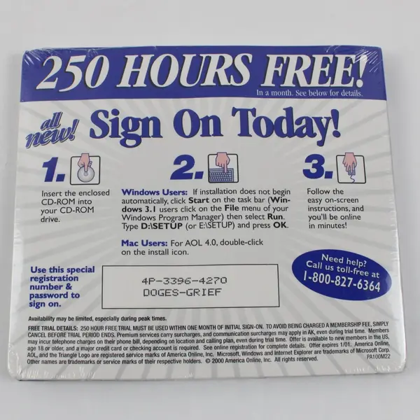 1999 Vintage America Online 5.0 Platinum Premier CD-ROM 250 Hours Free Sealed
