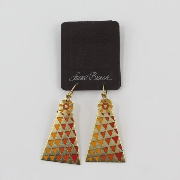 Laurel Burch Mantra Geometric Triangle Drop Earrings Gold Tone Cloisonne