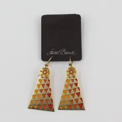 Laurel Burch Mantra Geometric Triangle Drop Earrings Gold Tone Cloisonne