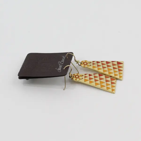 Laurel Burch Mantra Geometric Triangle Drop Earrings Gold Tone Cloisonne