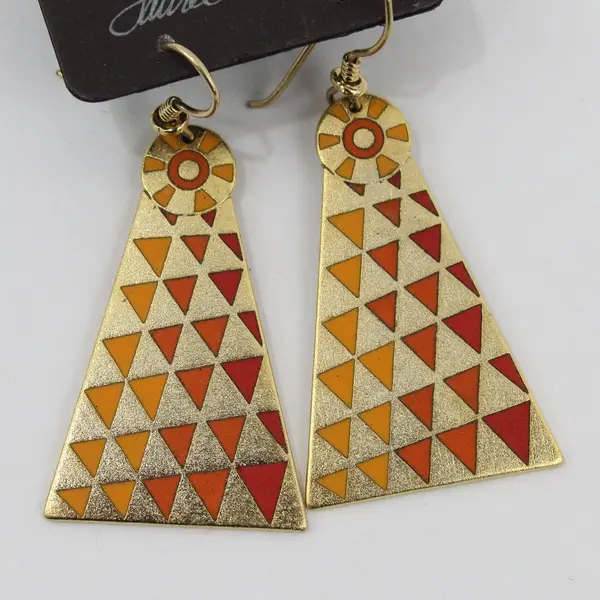 Laurel Burch Mantra Geometric Triangle Drop Earrings Gold Tone Cloisonne