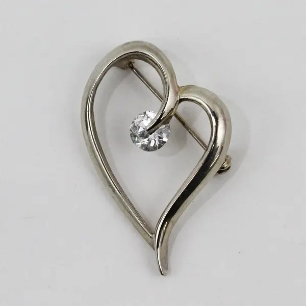 LIA  Love Heart Brooch Pin Silver Tone Crystal Accent Jewelry