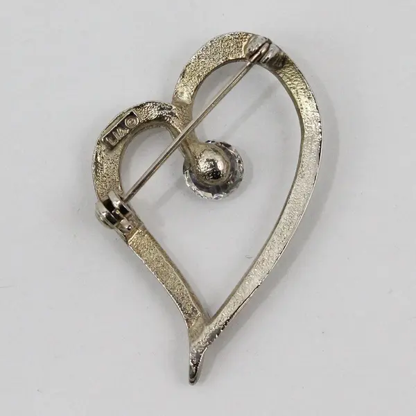 LIA  Love Heart Brooch Pin Silver Tone Crystal Accent Jewelry