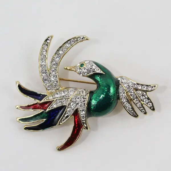Vintage Bird of Paradise Phoenix Rhinestone Enamel Brooch Pin