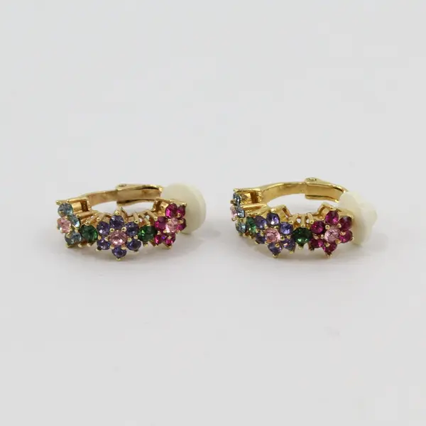 Joan Rivers Gold Tone Rainbow Rhinestone Clip-On Hoop Earrings 0.75in