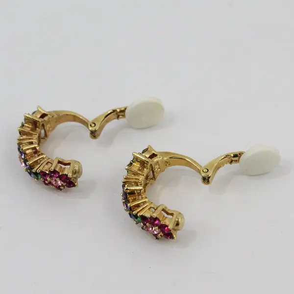 Joan Rivers Gold Tone Rainbow Rhinestone Clip-On Hoop Earrings 0.75in