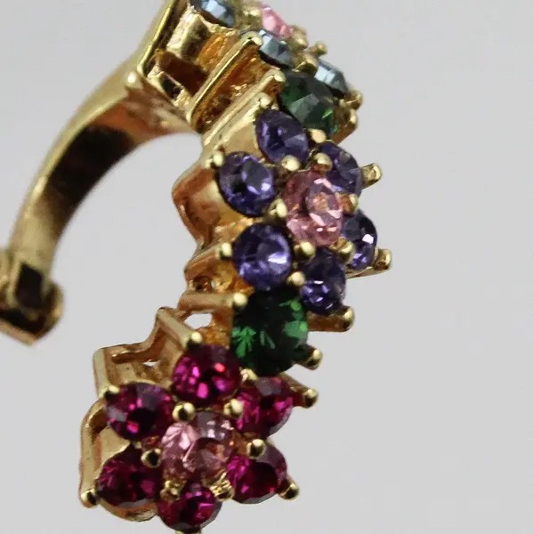 Joan Rivers Gold Tone Rainbow Rhinestone Clip-On Hoop Earrings 0.75in