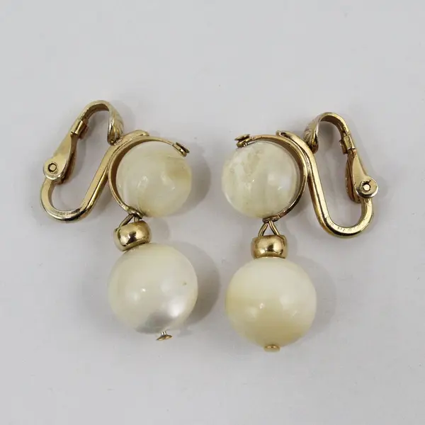 Vintage Napier Stacked Cream Beaded Drop Earrings Gold Tone Clip-On