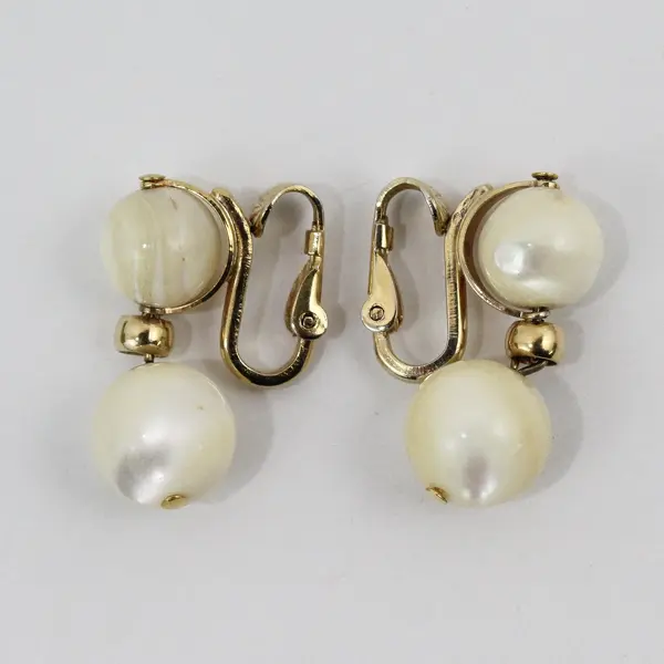 Vintage Napier Stacked Cream Beaded Drop Earrings Gold Tone Clip-On