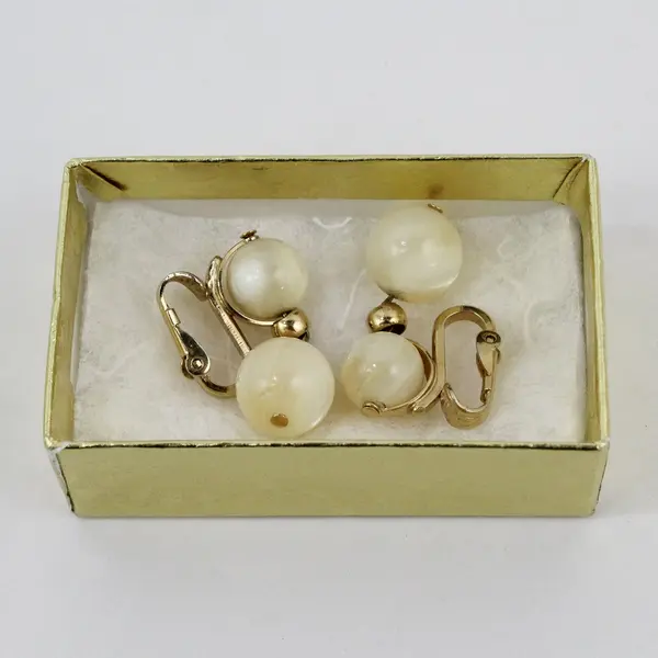 Vintage Napier Stacked Cream Beaded Drop Earrings Gold Tone Clip-On