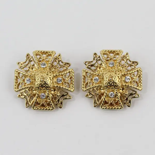 Vintage KJL Kenneth Jay Lane Rhinestone Maltese Cross Earrings Gold Tone Clip on