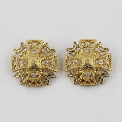 Vintage KJL Kenneth Jay Lane Rhinestone Maltese Cross Earrings Gold Tone Clip on