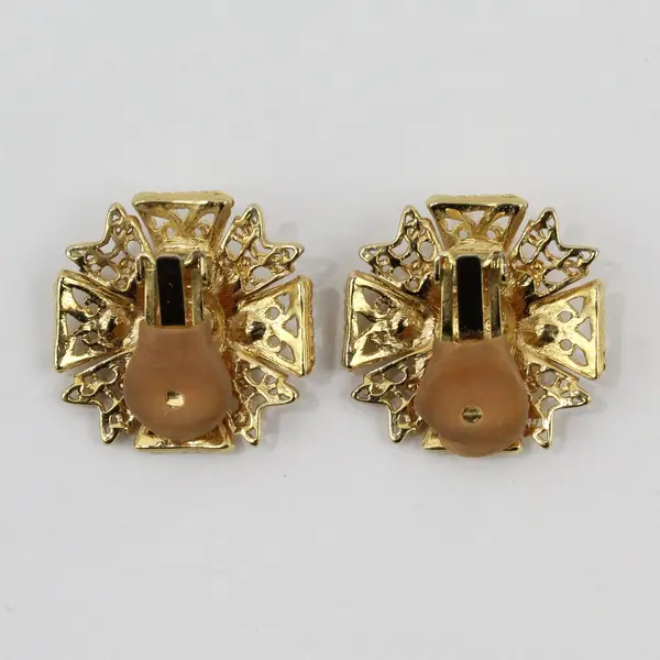 Vintage KJL Kenneth Jay Lane Rhinestone Maltese Cross Earrings Gold Tone Clip on
