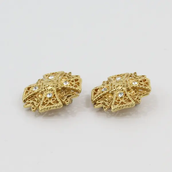 Vintage KJL Kenneth Jay Lane Rhinestone Maltese Cross Earrings Gold Tone Clip on