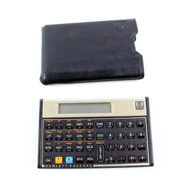 HP 12C Financial Calculator Gold Tone Brushed Metal Faceplate Used