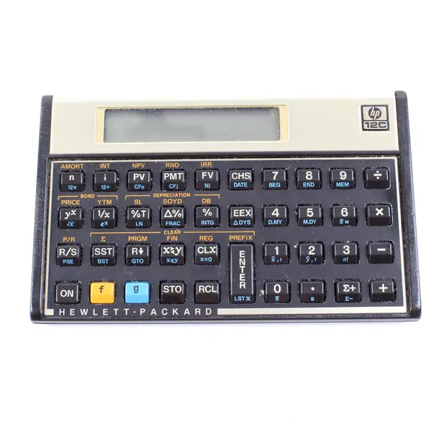HP 12C Financial Calculator Gold Tone Brushed Metal Faceplate Used