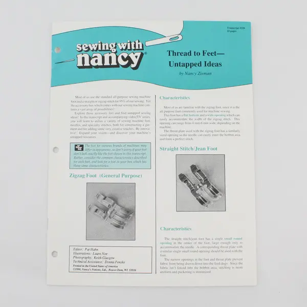 Sewing with Nancy booklet: Thread to Feet Untapped Ideas 1990, #320 