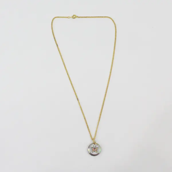 Pressed Metallic Butterfly Resin Pendant Necklace Gold Tone Chain 18in