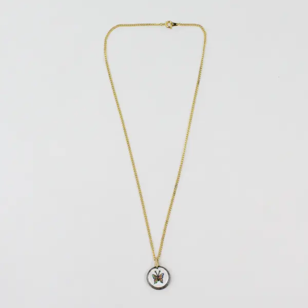 Pressed Metallic Butterfly Resin Pendant Necklace Gold Tone Chain 18in