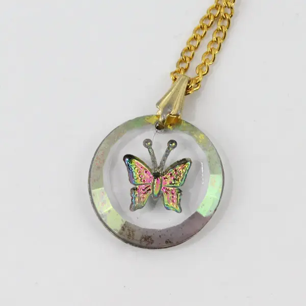 Pressed Metallic Butterfly Resin Pendant Necklace Gold Tone Chain 18in