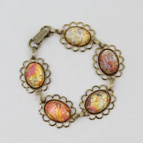 Pink Harlequin Faux Opal Art Glass Cabochon Bracelet