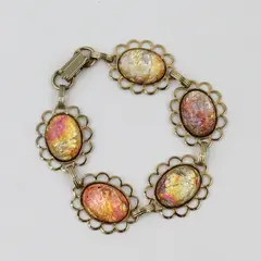 Pink Harlequin Faux Opal Art Glass Cabochon Bracelet