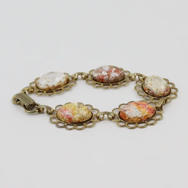 Pink Harlequin Faux Opal Art Glass Cabochon Bracelet