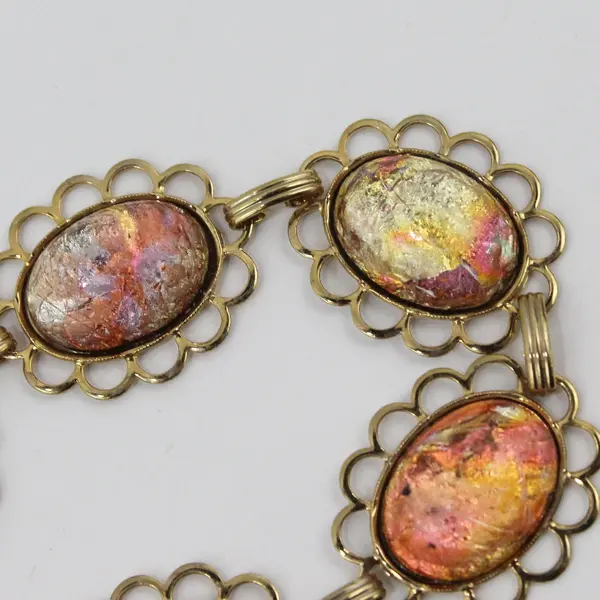 Pink Harlequin Faux Opal Art Glass Cabochon Bracelet