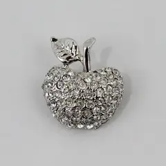 Silver-Tone Rhinestone Apple Brooch Pin Textured Leaf Accent